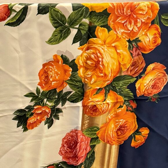 Floral Silk Scarf with Orange and Yellow Roses - Picture 6 of 7